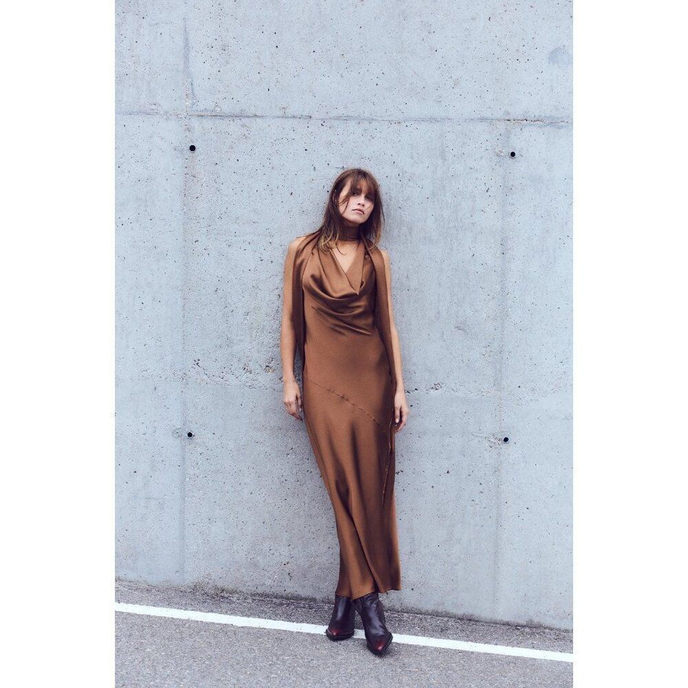 Zara Women Dress XS Maxi Brown Bow Satin Effect Sleevleess 8999/331 NWT